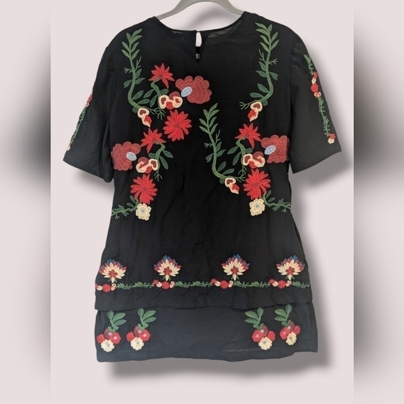 Zara Floral Birds Embroidered Silk Blend Tiered Mini Dress Feminine Bohemian - Picture 3 of 15